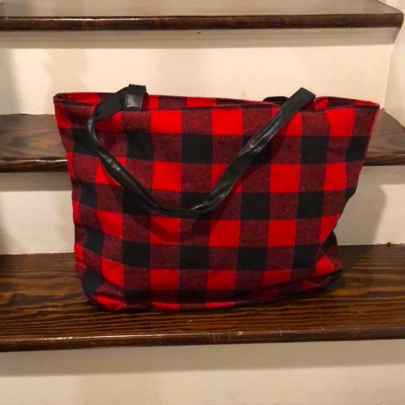 RED BLACK BUFFALO PLAID Flannel Christmas Holiday Tote Bag With Zipper Closure - Picture 4 of 8